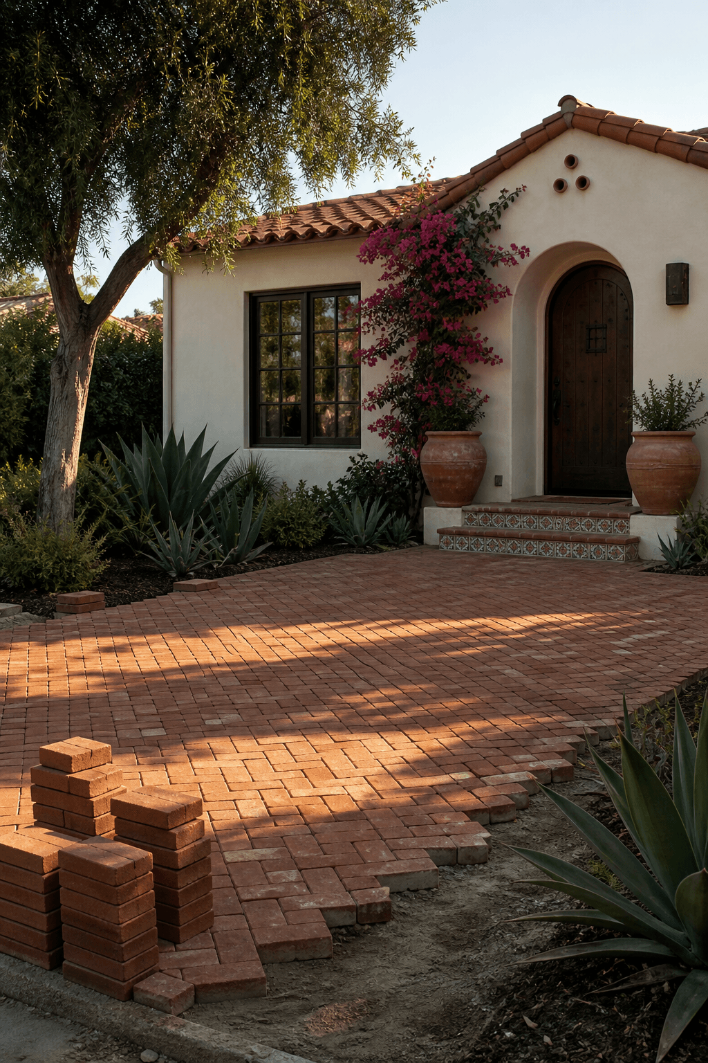 Spanish bungalow with a brick paver driveway mid-install